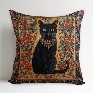 William Morris Abstract Vintage Black Cat Design Throw Pillow Cover Black Cat